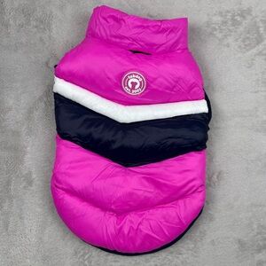 Fabdog Pack N Go Reversible dog puffer coat in pink and navy, Size: S